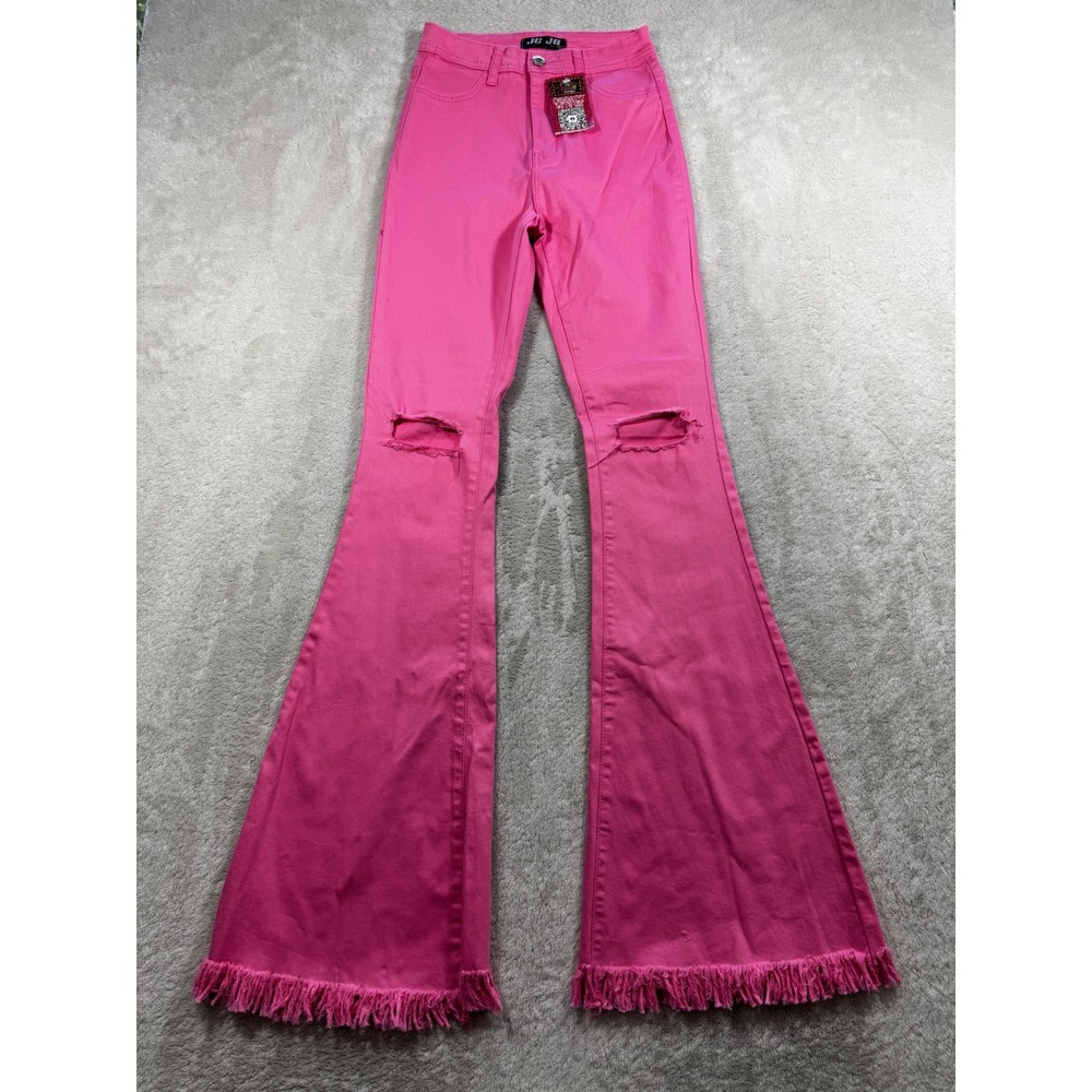 NWT JC & JQ Womens Girlie Girl Distressed Fringe Pink Flare Jeans S Meas: 23x34